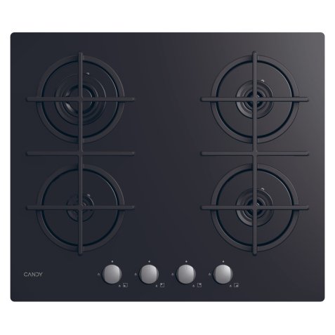 CANDY Plaque gaz CDK6KB, 4 foyers gaz, Verre trempé, grilles fonte