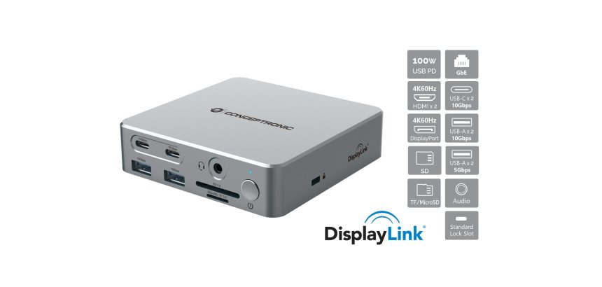 Conceptronic DONN25G base para portátil y replicador de puertos Alámbrico USB 3.2 Gen 2 (3.1 Gen 2) Type-C Plata