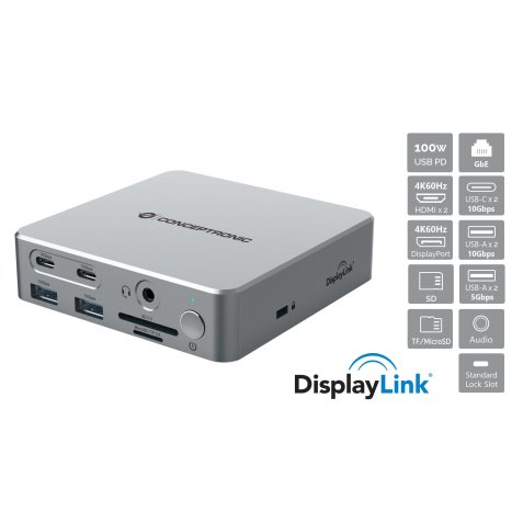 Conceptronic DONN25G base para portátil y replicador de puertos Alámbrico USB 3.2 Gen 2 (3.1 Gen 2) Type-C Plata