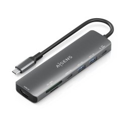 AISENS USB-C Dock 7 en 1, USB-C A, 1x HDMI, 2x USB-A, 1x USB-C, 1x USB-C PD 100W, 1x SD, 1x MicroSD, Gris, 15cm