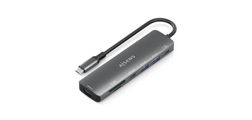 AISENS USB-C Dock 7 en 1, USB-C A, 1x HDMI, 2x USB-A, 1x USB-C, 1x USB-C PD 100W, 1x SD, 1x MicroSD, Gris, 15cm