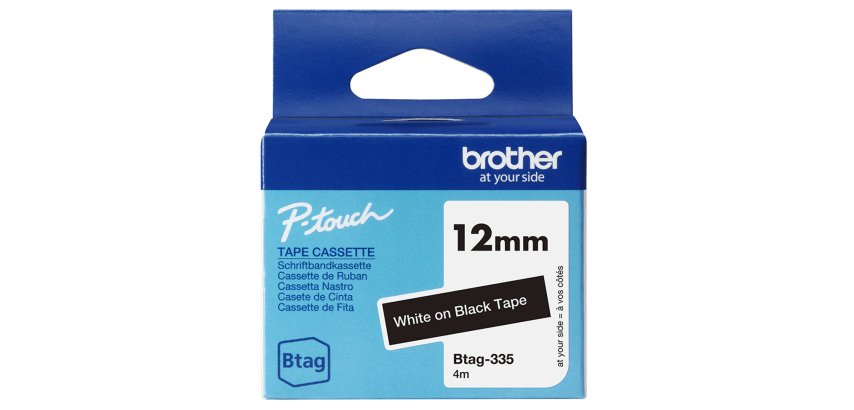 Brother BTAG-335 - Ruban adhésif blanc sur noir, 12 mm de large, non laminé