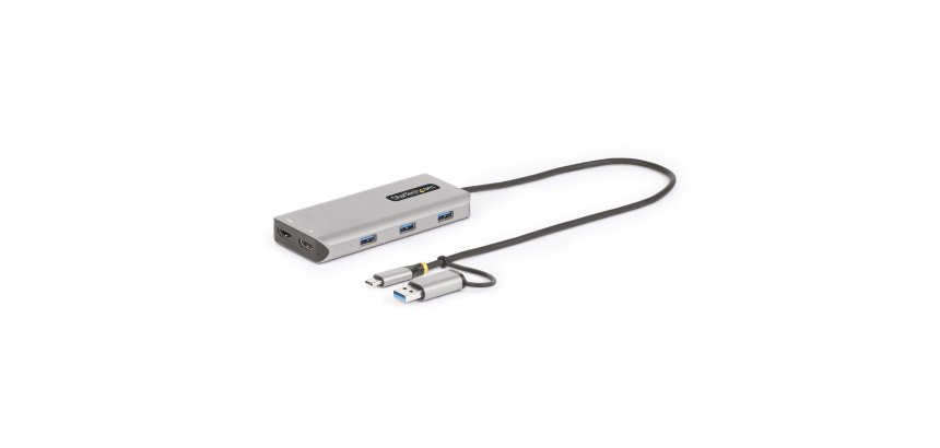 StarTech.com USB-C Multiport Adapter met Ingebouwde USB-C naar USB-A Dongle, Dual HDMI (4K30Hz/1080p60Hz), 3x USB-A 5Gbps, Mini Travel Dock, Laptop Docking Station, 40cm Kabel