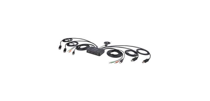 StarTech.com Switch KVM à 2 ports avec Câble DisplayPort, 4K 60Hz, KVM Compact avec Câbles Intégrés USB-A/DisplayPort/Audio de 1,5m, Alimenté par bus - Commutation à Distance par Bouton-Poussoir/Clavier à Effleurement