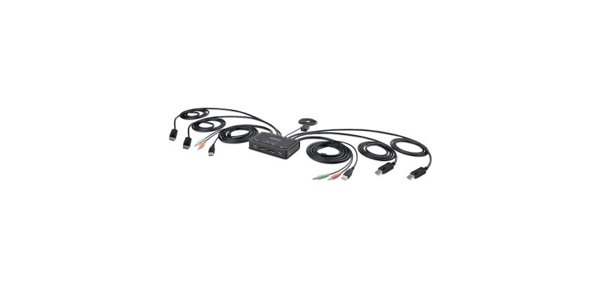 StarTech.com Switch KVM à 2 ports avec Câble DisplayPort, 4K 60Hz, KVM Compact avec Câbles Intégrés USB-A/DisplayPort/Audio de 1,5m, Alimenté par bus - Commutation à Distance par Bouton-Poussoir/Clavier à Effleurement