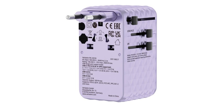 Verbatim 30193 Universal Mobile Device Charger Purple Power Fast Charging Indoor