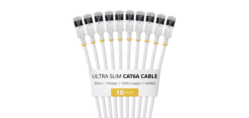 StarTech.com 30cm White Ultra Slim Cat6A Ethernet Cable, 10 Pack, Snagless, FTP, Pure Bare Copper Wire, 34AWG Ultra Slim RJ45 Network Patch Cord, Individually Tested