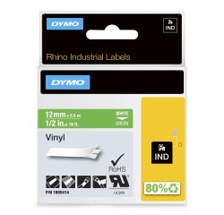 DYMO Rhino Etiquetas industriales de vinilo | 12 mm x 5,5 m | Impresión blanca sobre verde | Autoadhesivas | Para rotuladoras Rhino y LabelManager