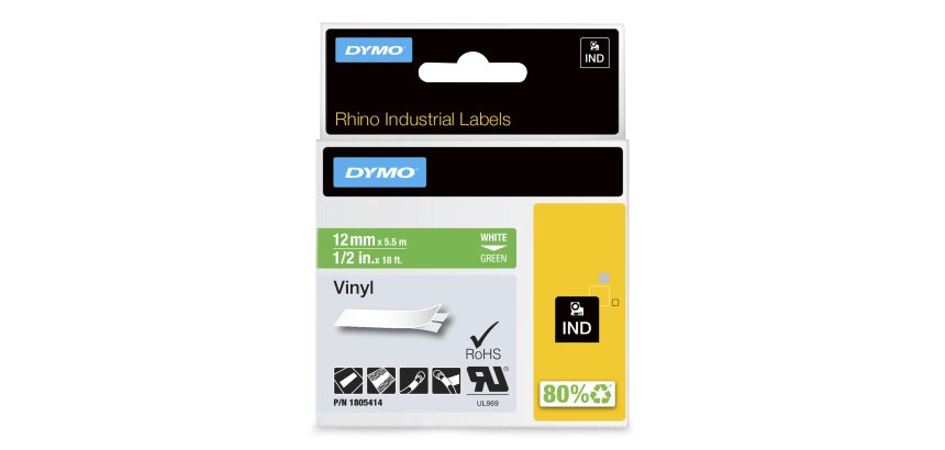 DYMO Rhino Etiquetas industriales de vinilo | 12 mm x 5,5 m | Impresión blanca sobre verde | Autoadhesivas | Para rotuladoras Rhino y LabelManager