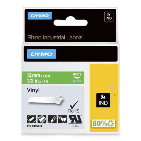 DYMO Rhino Etiquetas industriales de vinilo | 12 mm x 5,5 m | Impresión blanca sobre verde | Autoadhesivas | Para rotuladoras Rhino y LabelManager