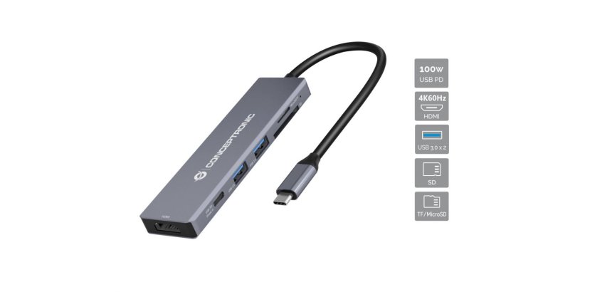 Conceptronic DONN23G replicatore di porte e docking station per laptop Cablato USB 3.2 Gen 1 (3.1 Gen 1) Type-C Grigio