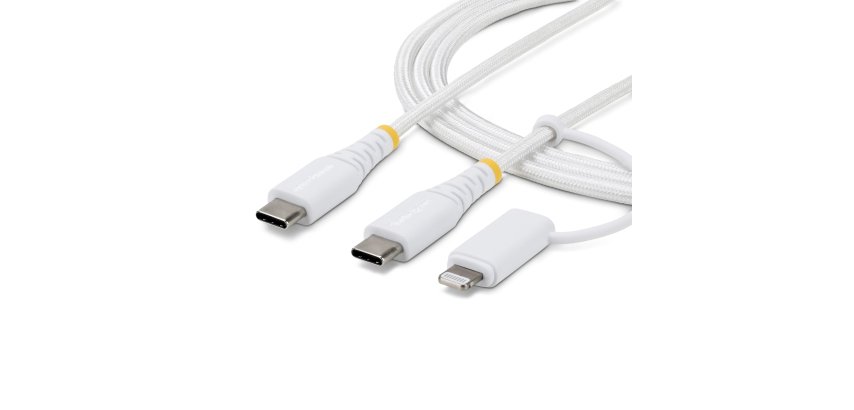 StarTech.com Câble de Recharge USB-C Robuste 2 en 1 de 1m avec Adaptateur Lightning, 30W/60W (3A), Certifié Apple MFi, Câble de Recharge USB-C Tressé pour iPhone/iPad/Android
