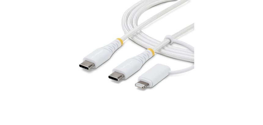 StarTech.com Câble de Recharge USB-C Robuste 2 en 1 de 1m avec Adaptateur Lightning, 30W/60W (3A), Certifié Apple MFi, Câble de Recharge USB-C Tressé pour iPhone/iPad/Android