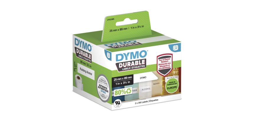 DYMO LW auténticas etiquetas durables | 25mm × 89mm | 2 rollos de 350 etiquetas "White Poly" (700 unidades) | Etiquetas que duran sobre superficies exigentes para etiquetadoras LabelWriter