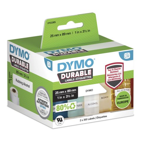 DYMO LW auténticas etiquetas durables | 25mm × 89mm | 2 rollos de 350 etiquetas "White Poly" (700 unidades) | Etiquetas que duran sobre superficies exigentes para etiquetadoras LabelWriter