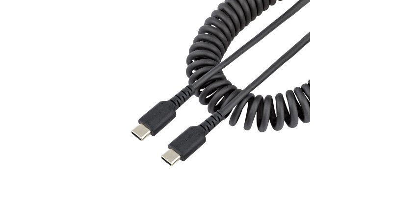 StarTech.com 1m USB C auf USB C Kabel, hochbelastbares Spiralkabel zum Laden und Synchronisieren, USB C 2.0 Kabel, robuste Aramidfaser, Schnellladekabel mit EMI Schutz, schwarz