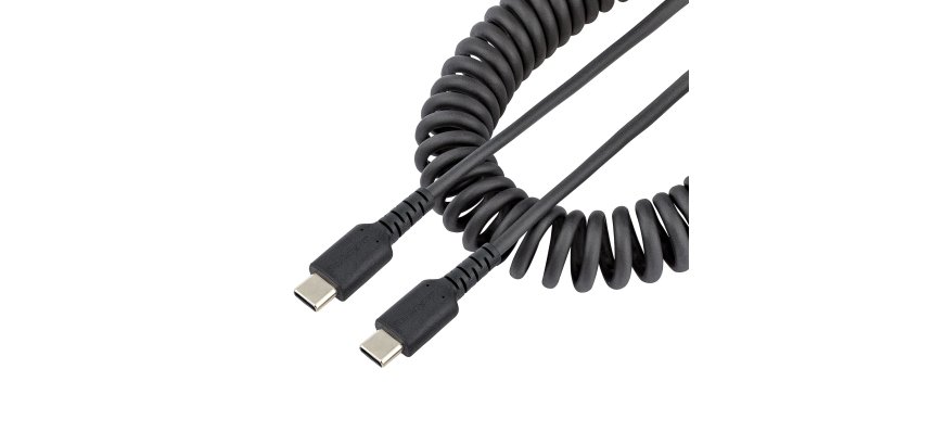 StarTech.com 1m USB-C Laadkabel, Robuuste Fast Charge & Sync Type C Spiraalkabel, 60W (3A) PD, USB 2.0, TPE Mantel en Aramidevezels - Zwarte USB Oplaadkabel