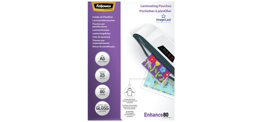 Pochettes de plastification Fellowes A5 - 2 x 80 µ - Brillant - Boîte de 25
