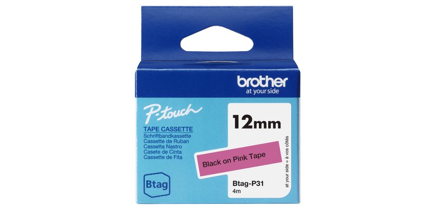 Brother BTAG-P31 – Ruban adhésif noir sur rose, 12 mm de large, non laminé