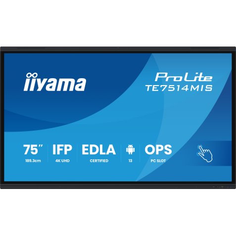 iiyama PROLITE TE7514MIS-B2AG Écran plat de signalisation numérique 190,5 cm (75") LCD Wifi 435 cd/m² 4K Ultra HD Noir Écran tactile Intégré dans le processeur Android 24/7