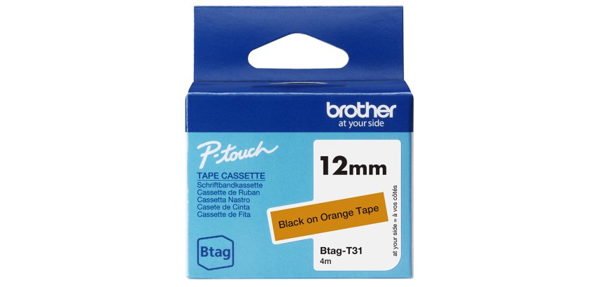 Brother BTAG-T31 – Ruban adhésif noir sur orange, 12 mm de large, non laminé