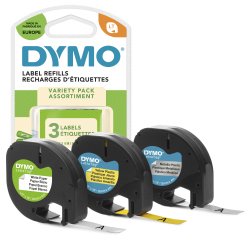 Cinta dymo metalizada letratag 12mm x 4mt papel blanco / plastico amarillo / metalica plata pack de 3