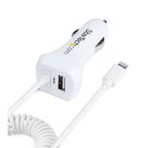 StarTech.com Lightning Car Charger with Coiled Cable, 1m Coiled Lightning Cable, 12W, White, 2 Port USB Car Charger Adapter for Phones and Tablets, Dual Device In Car iPhone Charger