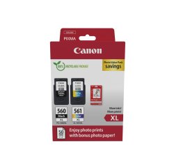 Canon PG-560 XL + CL-561 XL Pack 2 cartouches noire et couleurs haute capacité + 1 paquet de papier photo 10 x 15 cm