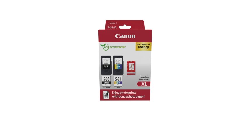 Canon PG-560 XL + CL-561 XL Pack 2 cartouches noire et couleurs haute capacité + 1 paquet de papier photo 10 x 15 cm