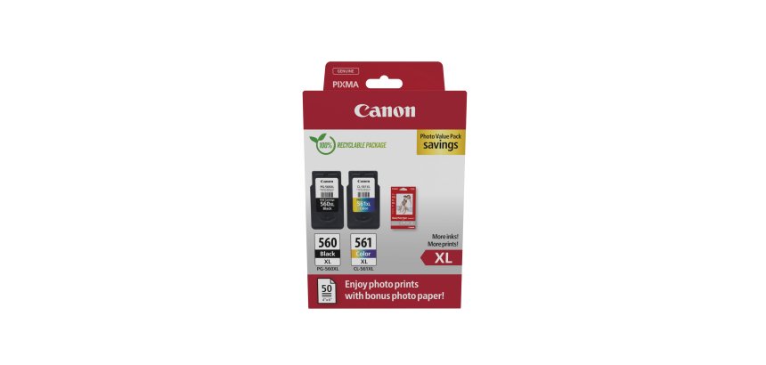 Canon PG-560 XL + CL-561 XL Pack 2 cartouches noire et couleurs haute capacité + 1 paquet de papier photo 10 x 15 cm