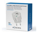 AISENS Cargador Gan 30W, 1xUSB-C PD3.0 QC4.0, 1xUSB-A QC3.0, Blanco