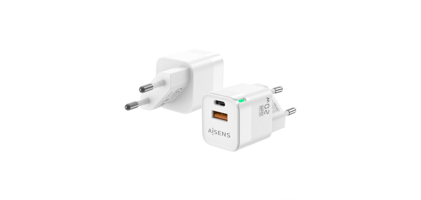 AISENS Cargador Gan 20W, 1xUSB-C PD3.0 QC4.0, 1xUSB-A QC3.0, Blanco
