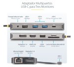 StarTech.com Adaptador Multipuerto USB-C de 3 Monitores HDMI/DP - 4K 60Hz Doble + 4K 30Hz HDMI y DP - Hub 4x USB-A - PD de 100W de Paso - Red Gigabit Ethernet - Lector de Tarjetas SD/MicroSD