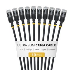 StarTech.com 15cm Black Ultra Slim Cat6A Ethernet Cable, 10 Pack, Snagless, FTP, Pure Bare Copper Wire, 34AWG Ultra Slim RJ45 Network Patch Cord, Individually Tested