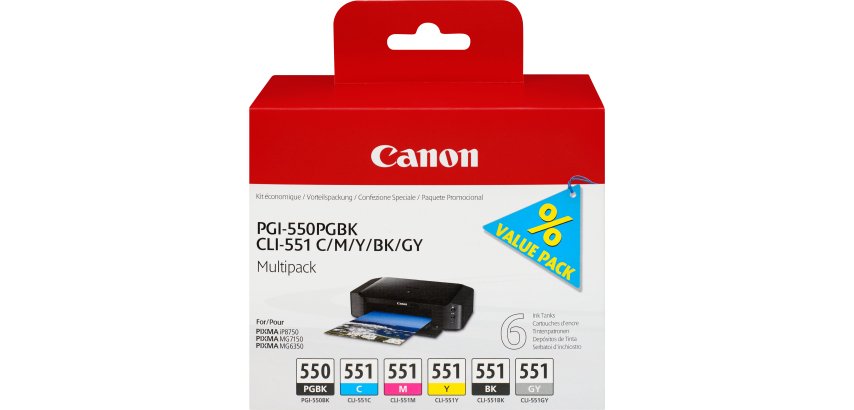 Canon PGI-550/CLI-551 PGBK/C/M/Y/BK/GY Multi Pack - pack de 6 - gris, noir, jaune, cyan, magenta - original - réservoir d'encre