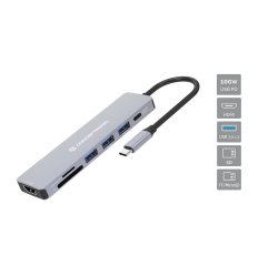 Conceptronic DONN19G 7-in-1 USB 3.2 Gen 1 Docking Station, HDMI, USB-A 3.0 x 3, SD, TF/MicroSD, 100W USB PD