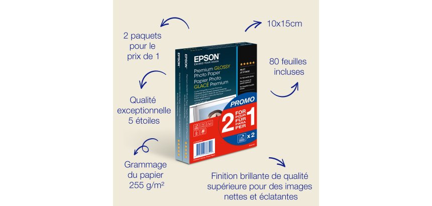Epson Premium Glossy Photo Paper BOGOF - papier photo - brillant - 40 feuille(s) - 100 x 150 mm - 255 g/m² (pack de 2)