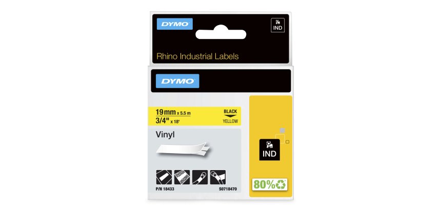 DYMO Rhino Industrial Vinyl Labels | 19 mm x 5.5 m | Black Print on Yellow | Self-Adhesive | for Rhino & LabelManager Label Makers