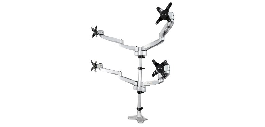 StarTech.com Desk Mount Quad Monitor Arm – Premium Articulating VESA 4 Monitor Mount 2x2 up to 30" (24.8lb/11.3kg) – Ergonomic Height Adjustable Pole Mount - Tilt/Swivel/Rotate - C-Clamp/Grommet - Silver - TAA