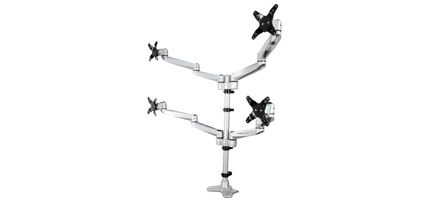 StarTech.com Desk Mount Quad Monitor Arm – Premium Articulating VESA 4 Monitor Mount 2x2 up to 30" (24.8lb/11.3kg) – Ergonomic Height Adjustable Pole Mount - Tilt/Swivel/Rotate - C-Clamp/Grommet - Silver - TAA