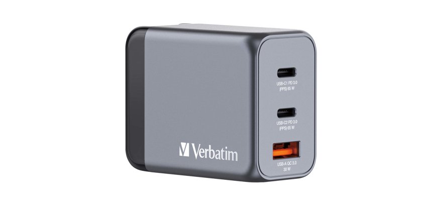 Verbatim 65 W GaN-wandoplader met drie poorten 2 x USB-C PD 65 W / 1 x USB-A QC 3.0 (EU/VK/VS)