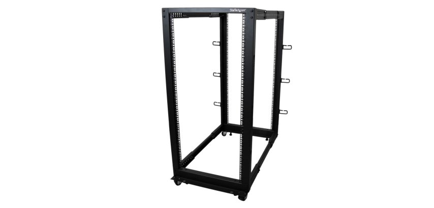 StarTech.com Server Rack a 4 Montanti 25U Open Frame, Armadio Rack di Rete 19" con Ruote, piedini di livellamento/montaggio a pavimento, Quadro Rack Scorrevole/profondità regolabile per apparecchiature AV/Dati/IT