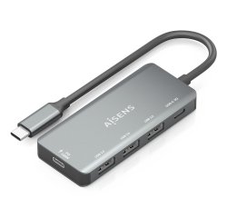 AISENS Hub USB 3.1 USB-C, USB-C/M-1xUSB-C PD 100W+1xUSB-C USB3.0/H+3xUSB-A USB2.0/H, Gris, 15cm