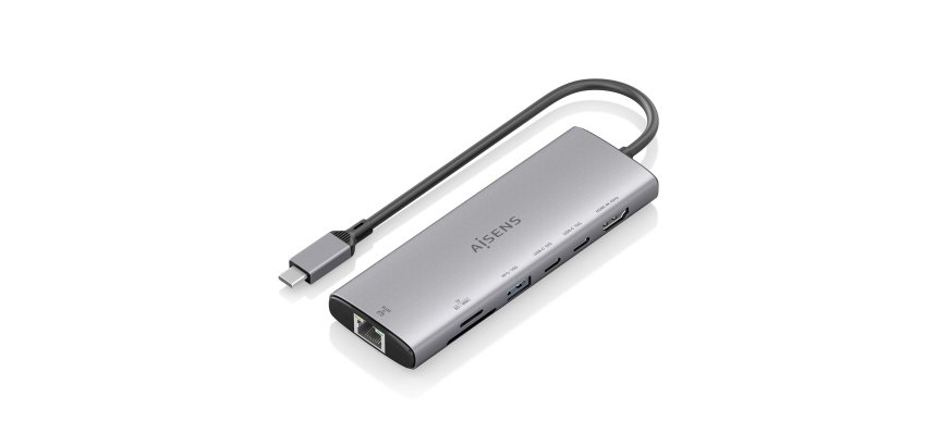AISENS USB-C Dock 7 en 1, USB-C a 1xHDMI, 1xRJ45, 1xUSB-A 10G, 2xUSB-C 10G, 1xSD, 1xMicroSD, Gris, 20cm
