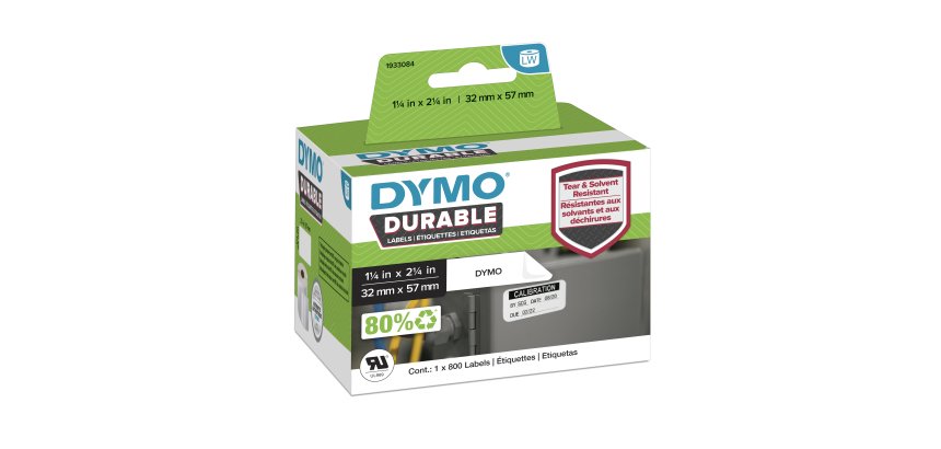 DYMO LabelWriter Etichette durevoli originali | 57mm x 32mm | Poliestere bianco | 800 etichette autoadesive | Alte prestazioni | Per stampanti di etichette LabelWriter