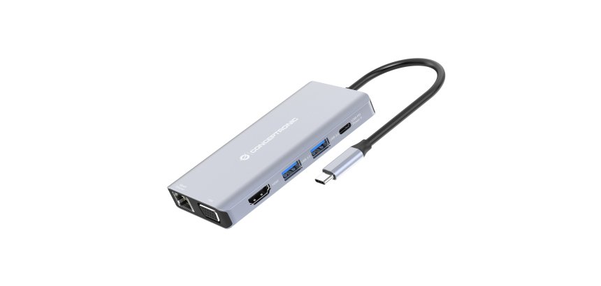 Conceptronic DONN20G 10-in-1 USB 3.2 Gen 1 Docking Station, HDMI, VGA, USB-A 3.0 x 3, SD, TF/MicroSD, Audio, GbE LAN, 100W USB PD