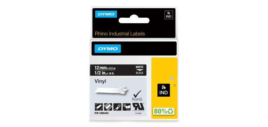 DYMO Rhino étiquettes industrielles autocollantes en vinyle | 12 mm x 5,5 m | impression en blanc sur fond noir
