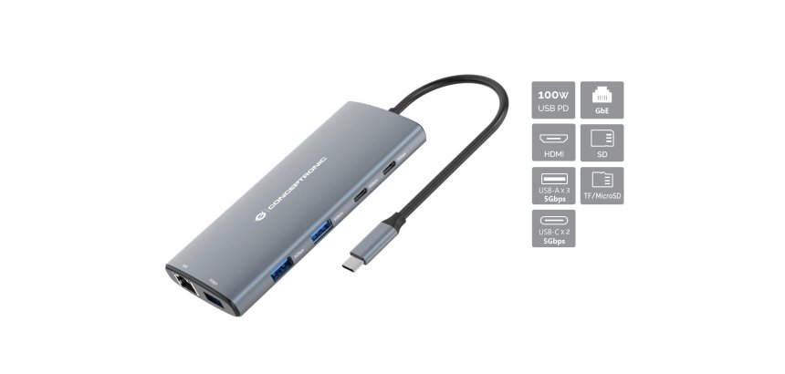 Conceptronic DONN06G 10-in-1 USB 3.2 Gen 1 Docking Station, HDMI, 100W USB PD, USB-C 5Gbps x 2, USB-A 5Gbps x 3, SD, TF/MicroSD, GbE