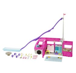 Barbie Camper dei Sogni - Veicolo con Scivolo e Piscina - 2 Cuccioli - 7 Aree Gioco - Alto 76 cm - 60+ Accessori - Regalo per Bambini 3+ Anni