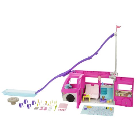 Barbie Camper dei Sogni - Veicolo con Scivolo e Piscina - 2 Cuccioli - 7 Aree Gioco - Alto 76 cm - 60+ Accessori - Regalo per Bambini 3+ Anni